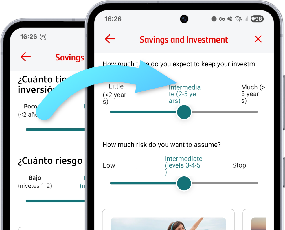 Screenshot showing translation of Santander app from Spanish to English